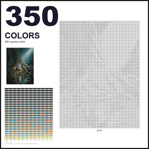 May include: A paint-by-numbers pattern featuring a large grid with 350 colors, a reference image of a tree with a glowing door, and a color key. The text 350 COLORS and 350 squares wide is printed at the top left of the white layout sheet.