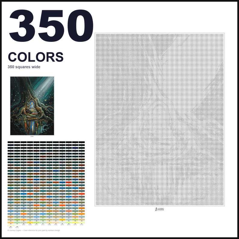 May include: A paint-by-numbers pattern featuring a large grid with 350 colors, a reference image of a tree with a glowing door, and a color key. The text 350 COLORS and 350 squares wide is printed at the top left of the white layout sheet.