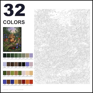 May include: A paint-by-numbers kit featuring a large outline drawing of a forest scene with a snail and a small house, accompanied by a finished color reference image and a palette of 32 numbered color swatches with corresponding RGB values.