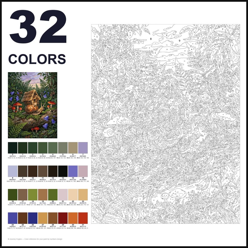 May include: A paint-by-numbers kit featuring a large outline drawing of a forest scene with a snail and a small house, accompanied by a finished color reference image and a palette of 32 numbered color swatches with corresponding RGB values.