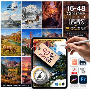 Pode incluir: Um kit de pintura digital com 50 marcos icónicos dos EUA, 16-48 cores, 4 níveis de dificuldade e um nível bónus de 96 cores. Inclui um rastreador de progresso interativo, formatos de ficheiro SVG, PDF, PNG e compatibilidade de software.