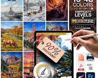 50 States Paint by Numbers Bundle Digital | 5 Levels 16-96 Colors | Svg Pdf Png Procreate | All USA Landmarks Printable Wall Art