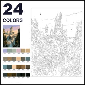 May include: A paint-by-numbers kit featuring a castle and bridge scene with 24 colors. The image includes a small color reference, a numbered palette with RGB values, and a large outline drawing of the landscape with numbered sections for painting.