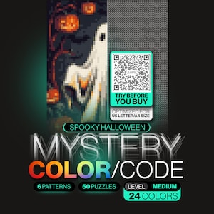 May include: A digital activity book titled Spooky Halloween Mystery Color/Code featuring 50 puzzles across 6 patterns with 24 colors. The cover displays a pixelated ghost and pumpkin graphic, a QR code, and text indicating it is optimized for US Letter size.