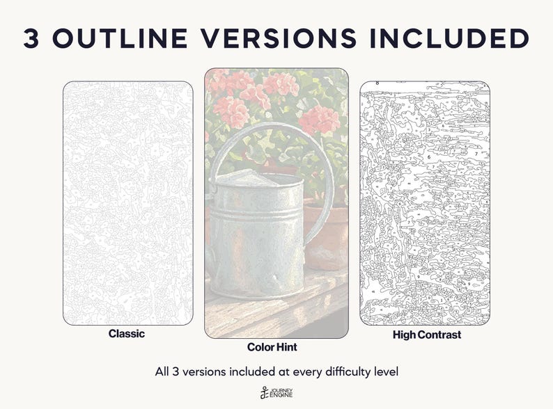 May include: Three paint-by-number templates labeled 3 OUTLINE VERSIONS INCLUDED. The left is a Classic white outline, the center is a Color Hint version showing a metal watering can and pink flowers, and the right is a High Contrast black outline.