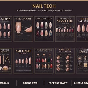 May include: A set of 10 printable posters titled NAIL TECH, featuring educational guides on nail shapes, anatomy, art styles, manicure steps, nail systems, tool kits, length guides, skin tone colors, nail care, and sanitation safety protocols.