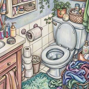 May include: A coloured pencil illustration of a bathroom interior featuring a white toilet, a wooden vanity with a sink, a wall-mounted shelf with toiletries, a wicker basket of laundry, a green bath mat, and various potted plants hanging and sitting.