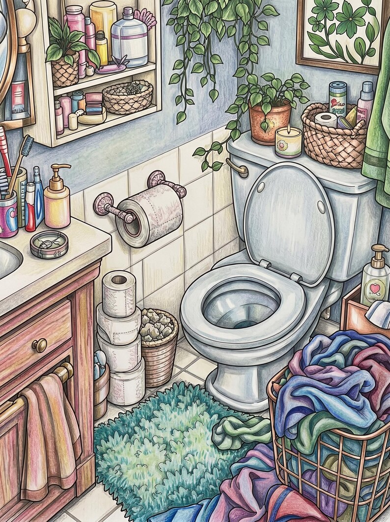 May include: A coloured pencil illustration of a bathroom interior featuring a white toilet, a wooden vanity with a sink, a wall-mounted shelf with toiletries, a wicker basket of laundry, a green bath mat, and various potted plants hanging and sitting.