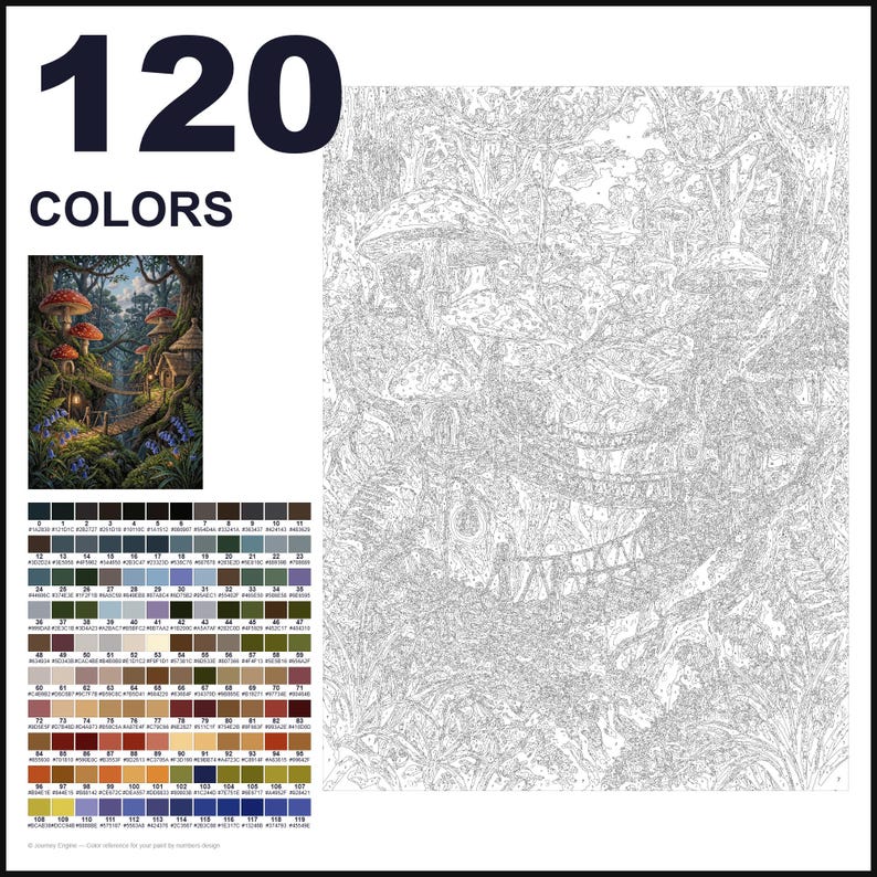 May include: A paint-by-numbers kit featuring a forest scene with mushroom-shaped houses and a rope bridge. The image includes a finished color reference, a numbered outline canvas, and a grid of 120 color swatches labeled 0 through 119.
