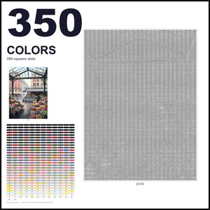 May include: A digital pattern for a paint-by-numbers project featuring 350 colors. The layout includes a large grid, a small reference image of a flower market, and a comprehensive color key with numbered swatches. Text includes 350 COLORS.