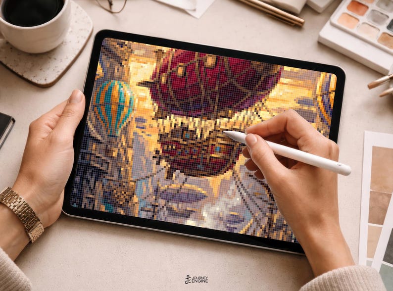May include: A tablet displaying a pixel art illustration of a large, dark red and brown airship floating in a golden sky, accompanied by a smaller blue and yellow hot air balloon. A white stylus is held against the screen to edit the digital artwork.