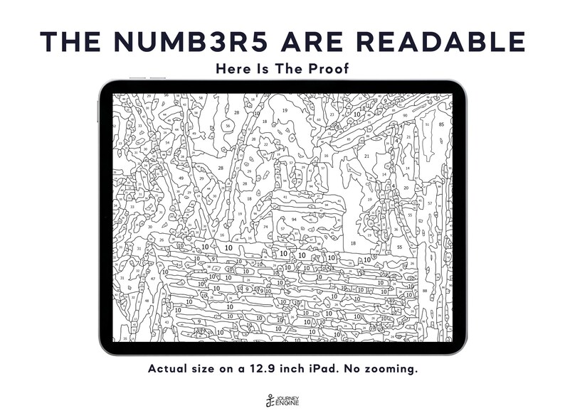 May include: A digital paint-by-number template displayed on a 12.9 inch iPad screen. The black and white line art features numerous numbered sections. Text at the top reads THE NUMB3R5 ARE READABLE Here Is The Proof, with a caption below stating the size.