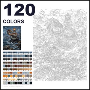 May include: A paint-by-numbers kit featuring a large outline drawing of a dragon coiled around a lighthouse on a rocky shore. The image includes a small finished color reference, a grid of 120 color swatches with hex codes, and the text 120 COLORS.