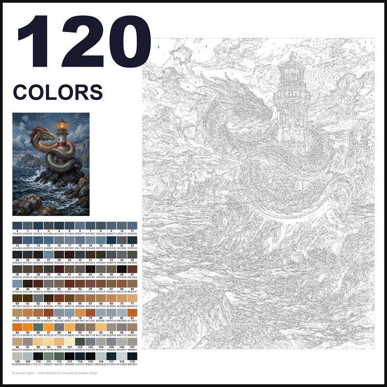 May include: A paint-by-numbers kit featuring a large outline drawing of a dragon coiled around a lighthouse on a rocky shore. The image includes a small finished color reference, a grid of 120 color swatches with hex codes, and the text 120 COLORS.