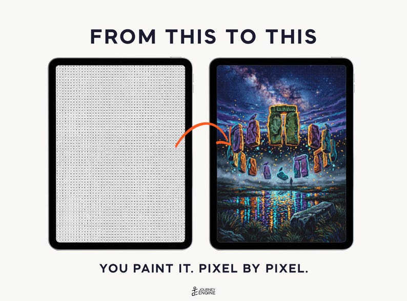 May include: Two tablets displaying a digital paint-by-number activity. The left screen shows a grid of letters, while the right screen shows a completed colorful illustration of Stonehenge under a starry night sky. Text reads: FROM THIS TO THIS. YOU PAINT IT. PIXEL BY PIXEL.