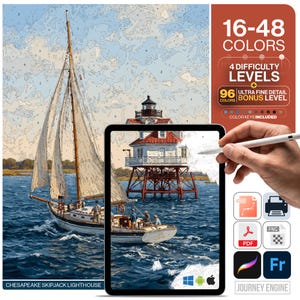 May include: A digital paint-by-number kit featuring a sailboat and a lighthouse on the water. The image displays text including 16-48 COLORS, 4 DIFFICULTY LEVELS, 96 ULTRA FINE DETAIL BONUS LEVEL, and CHESAPEAKE SKIPJACK LIGHTHOUSE with file icons.