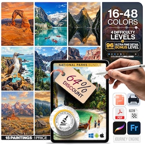 Pode incluir: Um pacote digital de pinturas de parques nacionais com 15 paisagens, incluindo cadeias de montanhas, cenas costeiras e vida selvagem. O conjunto inclui 16-48 opções de cores, 4 níveis de dificuldade e um rastreador de progresso.