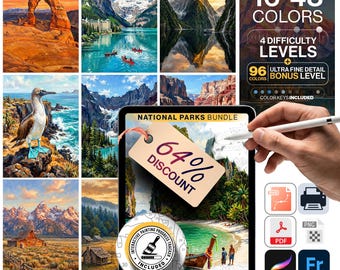 National Parks Paint by Numbers Bundle | 15 Iconic Parks 5 Levels | Svg Pdf Png Procreate | World Travel Printable Wall Art Coloring