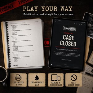 May include: A spiral-bound document with D&D trivia questions next to a tablet displaying the title Journey Engine Volume 4 of 4 Case Closed. Below are four square icons labeled US Letter 8.5x11, Ink-Friendly B&W, Tablet & Phone Ready, and Play Screen-Free.