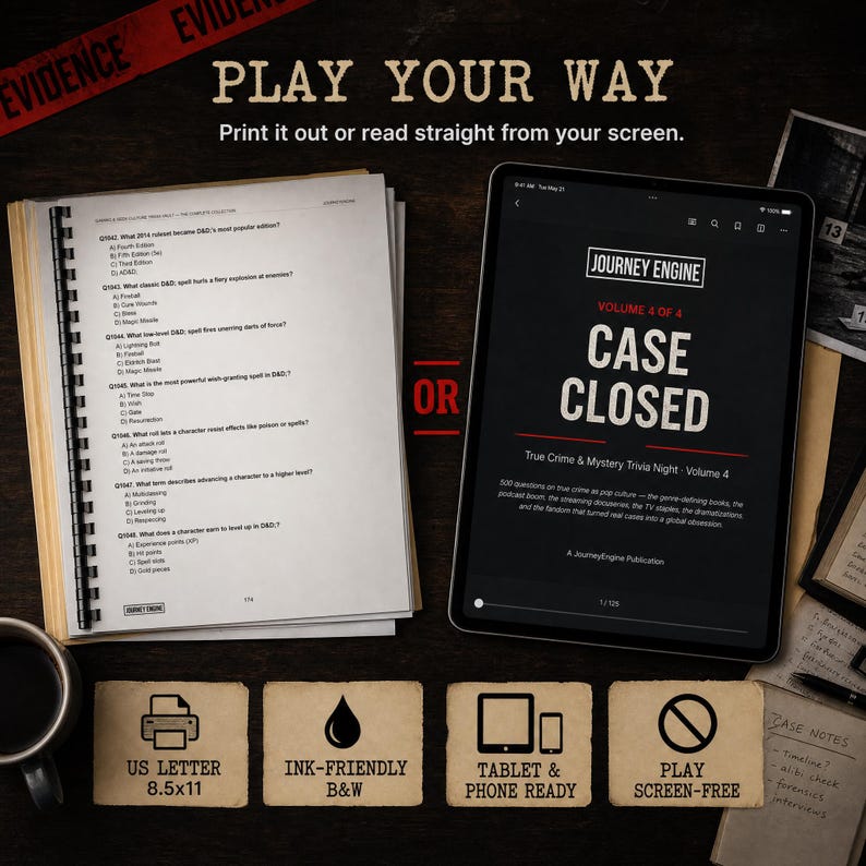 May include: A spiral-bound document with D&D trivia questions next to a tablet displaying the title Journey Engine Volume 4 of 4 Case Closed. Below are four square icons labeled US Letter 8.5x11, Ink-Friendly B&W, Tablet & Phone Ready, and Play Screen-Free.
