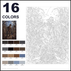 May include: A paint-by-number kit featuring a scarecrow in a cornfield. The layout includes the text 16 COLORS, a small finished reference image, a grid of 16 color swatches with RGB codes, and a large numbered outline drawing for painting.