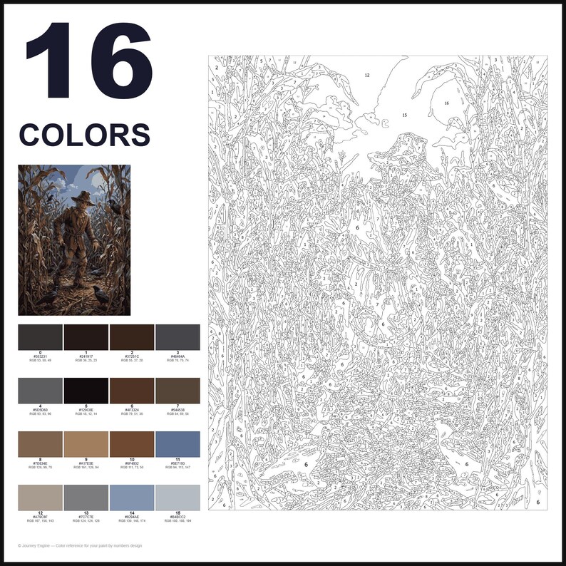 May include: A paint-by-number kit featuring a scarecrow in a cornfield. The layout includes the text 16 COLORS, a small finished reference image, a grid of 16 color swatches with RGB codes, and a large numbered outline drawing for painting.