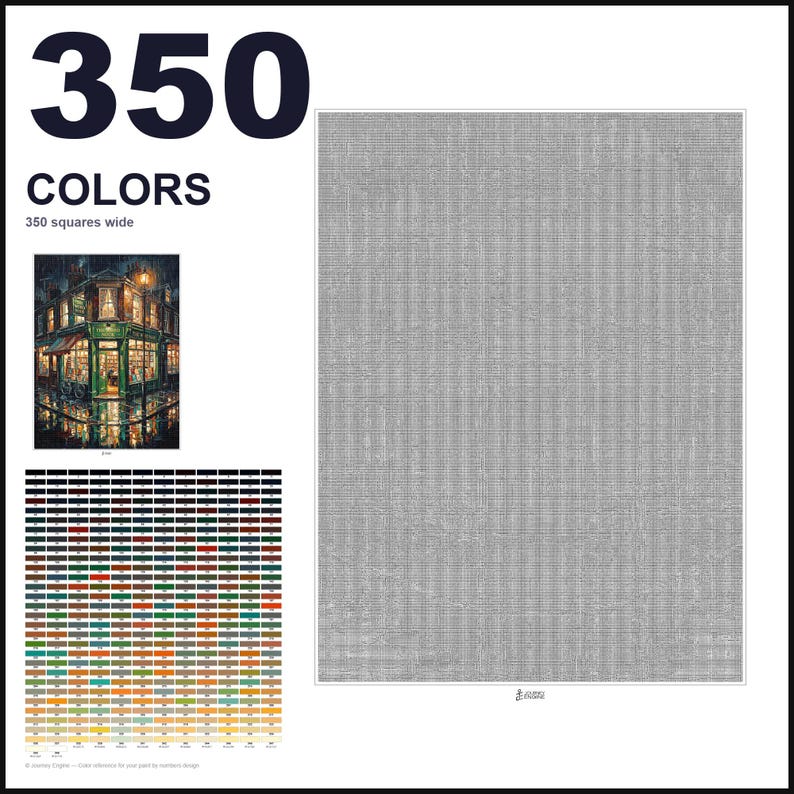 May include: A paint-by-numbers pattern featuring a large grid of 350 colors, a reference image of a street corner shop at night, and a large blank canvas area marked as 350 squares wide. The layout includes a detailed color key with numbered swatches.