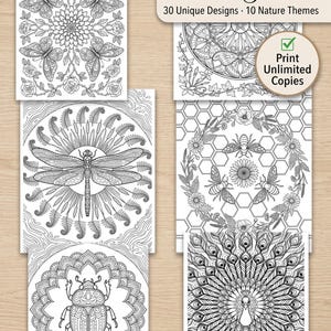 May include: Black and white coloring book pages with nature-themed designs. The designs include butterflies, flowers, a dragonfly, a beetle, bees, and a peacock. The text reads "What's Inside / Full Spread" and "30 Unique Designs &bull; 10 Nature Themes."