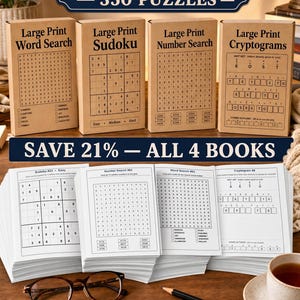 Large Print Puzzle Bundle for Seniors | 350 Word Search, Sudoku, Cryptogram (PDF Download)