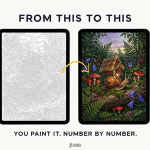 May include: Two tablets display a paint-by-number project. The left shows a grayscale line drawing, while the right shows the finished colorful scene of a snail with a thatched-roof house on its shell in a forest. Text reads FROM THIS TO THIS and YOU PAINT IT. NUMBER BY NUMBER.