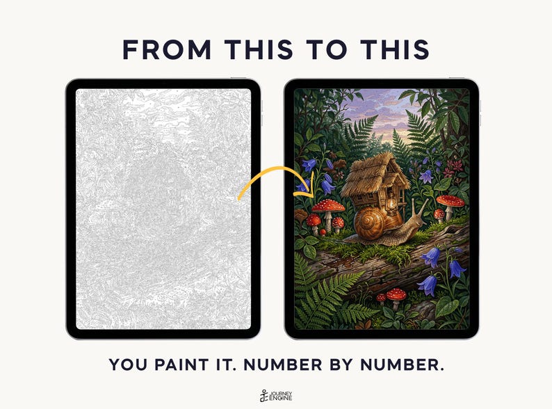 May include: Two tablets display a paint-by-number project. The left shows a grayscale line drawing, while the right shows the finished colorful scene of a snail with a thatched-roof house on its shell in a forest. Text reads FROM THIS TO THIS and YOU PAINT IT. NUMBER BY NUMBER.