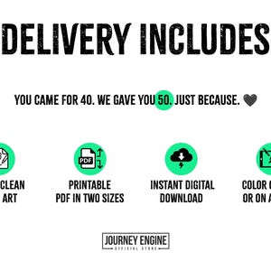 Op de afbeelding: Een digitale productinformatie-afbeelding met de tekst DELIVERY INCLUDES, YOU CAME FOR 40. WE GAVE YOU 50. JUST BECAUSE. Iconen staan voor BOLD, CLEAN LINE ART, PRINTABLE PDF IN TWO SIZES, INSTANT DIGITAL DOWNLOAD en COLOR ON PAPER OR ON A TABLET.