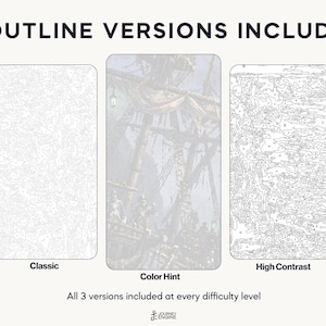 May include: Three rectangular paint-by-number templates labeled Classic, Color Hint, and High Contrast. The Classic and High Contrast versions feature black line art with numbered sections. The Color Hint version shows a faint ship illustration.