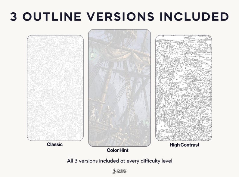 May include: Three rectangular paint-by-number templates labeled Classic, Color Hint, and High Contrast. The Classic and High Contrast versions feature black line art with numbered sections. The Color Hint version shows a faint ship illustration.