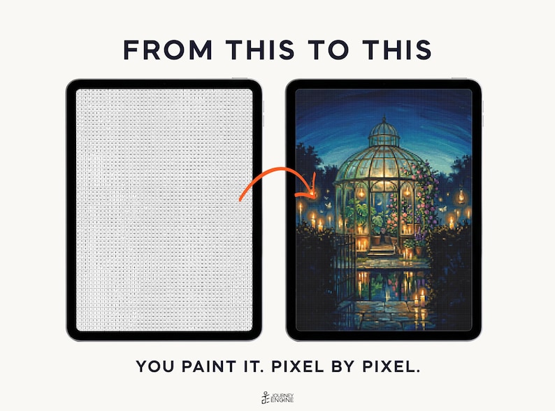 May include: Two tablets displaying a digital paint-by-number activity. The left screen shows a grid of letters, while the right screen displays a completed colorful illustration of a glowing greenhouse at night. Text reads FROM THIS TO THIS and YOU PAINT IT. PIXEL BY PIXEL.