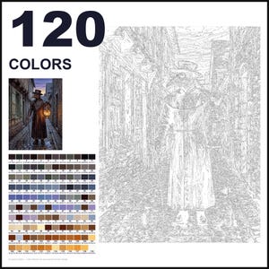 May include: A paint-by-numbers kit featuring 120 colors and a reference image of a plague doctor in a cobblestone alleyway holding a lantern. The large outline drawing shows the plague doctor in a long coat and mask, ready to be painted.
