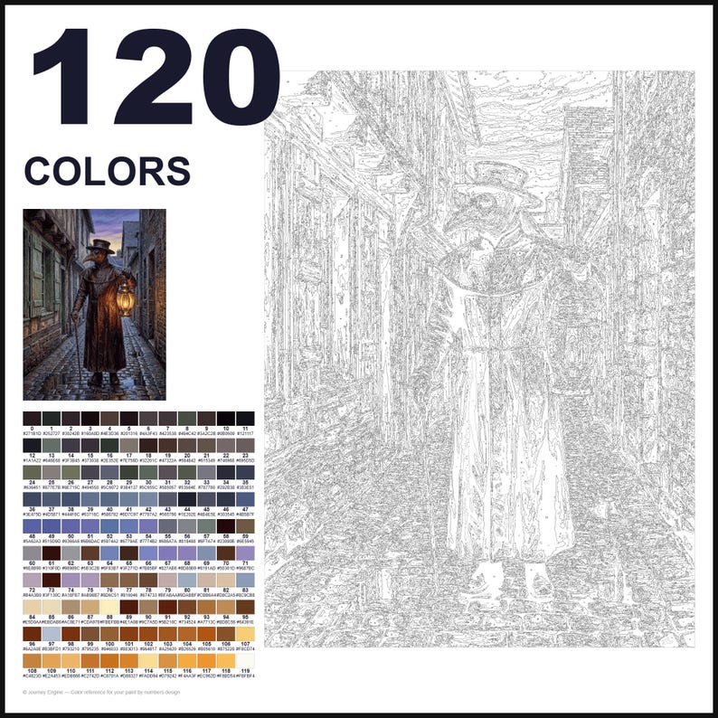 May include: A paint-by-numbers kit featuring 120 colors and a reference image of a plague doctor in a cobblestone alleyway holding a lantern. The large outline drawing shows the plague doctor in a long coat and mask, ready to be painted.