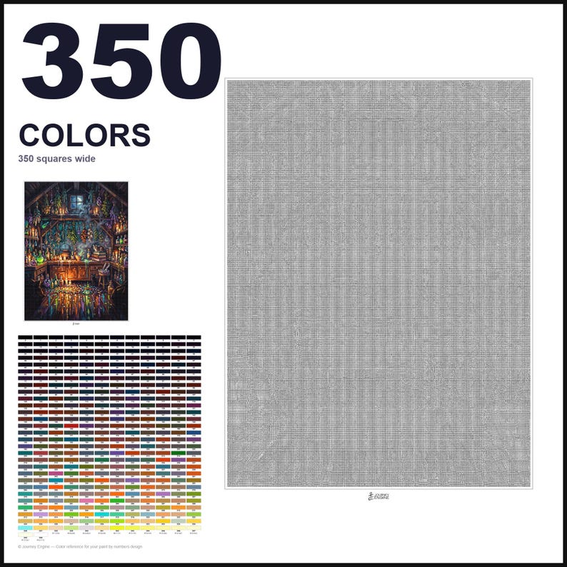 May include: A paint-by-numbers design template featuring a large grid of 350 colors, a small reference image of a dark, candlelit room filled with potion bottles, and a large, blank, light gray square grid that is 350 squares wide for painting.