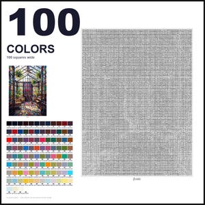 May include: A paint-by-numbers guide featuring the text 100 COLORS 100 squares wide. It includes a small reference image of a greenhouse, a grid filled with numerical codes, and a color palette chart displaying 100 distinct color swatches with hex codes.