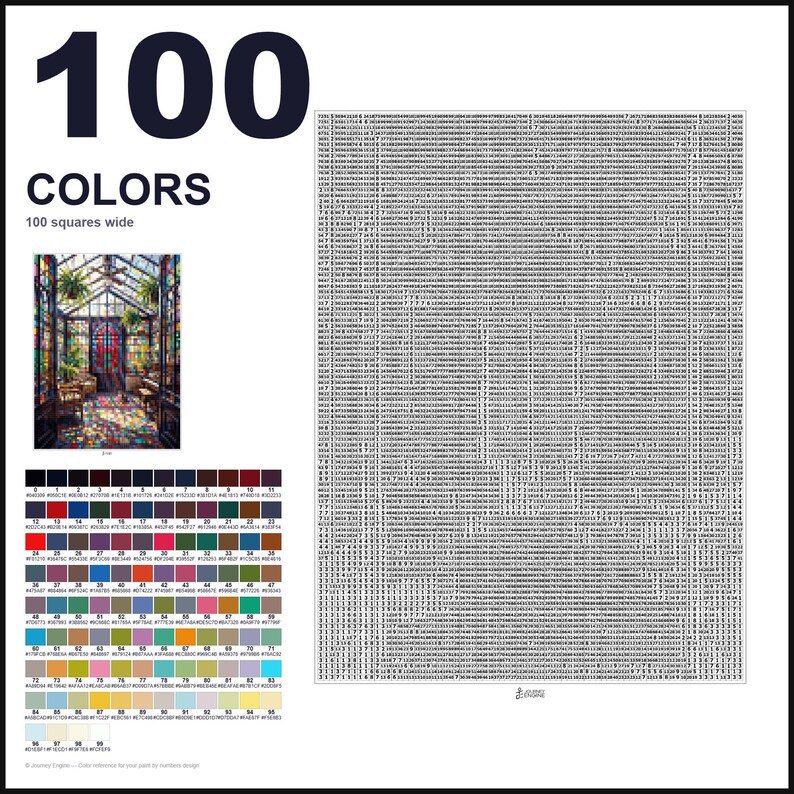 May include: A paint-by-numbers guide featuring the text 100 COLORS 100 squares wide. It includes a small reference image of a greenhouse, a grid filled with numerical codes, and a color palette chart displaying 100 distinct color swatches with hex codes.