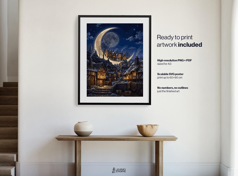 May include: A framed digital art print depicting a snowy village at night under a large crescent moon. The text reads: Ready to print artwork included, High-resolution PNG + PDF sized for A3, Scalable SVG poster print up to 60x90 cm, No numbers, no outlines just the finished art.