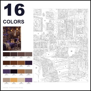 Puede incluir: Un kit de pintura por n&uacute;meros con una ilustraci&oacute;n de l&iacute;neas de un interior de biblioteca con una chaise longue, estanter&iacute;as y arte de pared enmarcado. El kit incluye una peque&ntilde;a imagen de referencia, una gu&iacute;a numerada y 16 muestras de color.