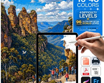 Australia Paint by Numbers Digital | 5 Levels 16-96 Colors | Svg Pdf Png Procreate | Blue Mountains Three Sisters Katoomba Printable pbn