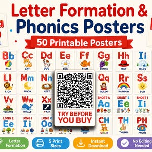 May include: A set of 50 printable educational posters featuring letter formation and phonics. Each card displays an uppercase and lowercase letter with a corresponding colorful illustration and word. A central QR code reads TRY BEFORE YOU BUY.