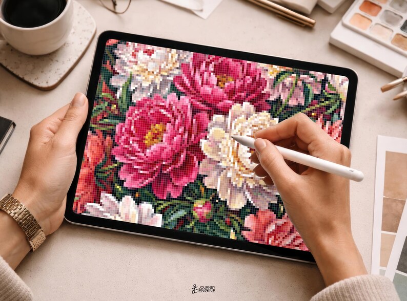 May include: A digital tablet displaying a pixelated floral illustration featuring vibrant pink, white, and red peonies with green foliage. The screen shows a detailed grid-based pattern of blooming flowers, and a white stylus is held near the display.