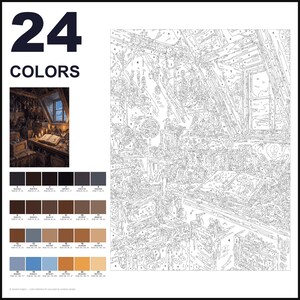 May include: A paint-by-numbers kit featuring a 24-color palette and a numbered outline of an attic study. The design includes a desk with an open book, shelves, and a window. The layout displays the reference image, color swatches, and the canvas.