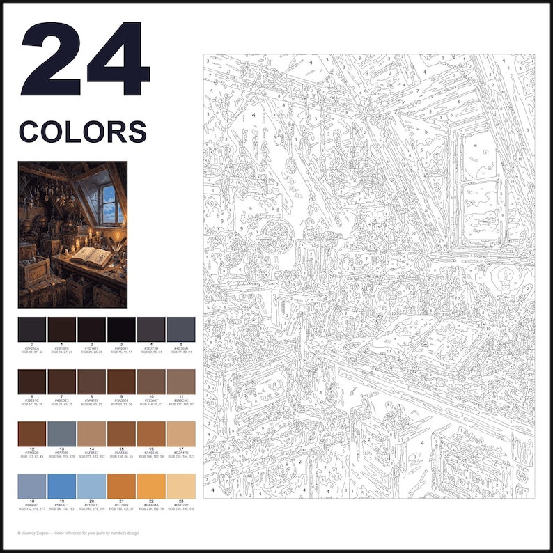 May include: A paint-by-numbers kit featuring a 24-color palette and a numbered outline of an attic study. The design includes a desk with an open book, shelves, and a window. The layout displays the reference image, color swatches, and the canvas.