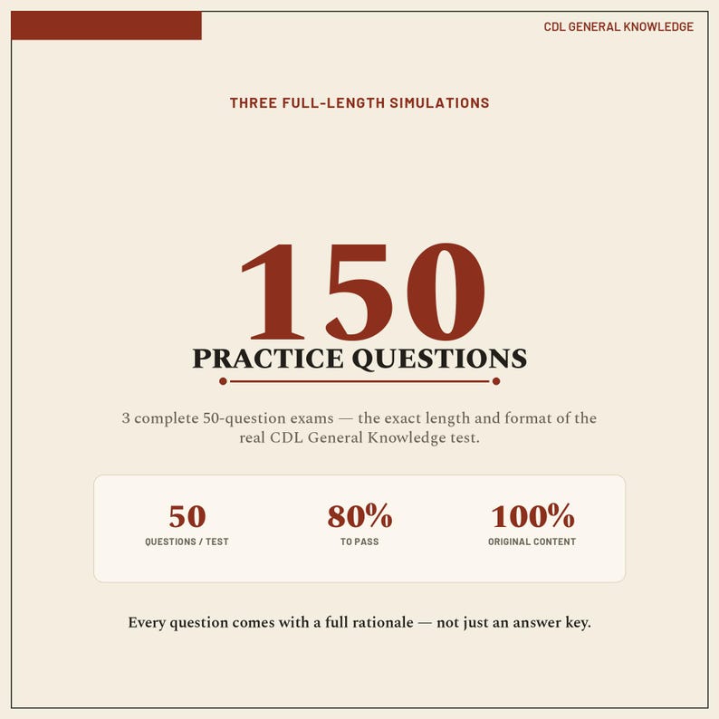 May include: A square educational graphic with a cream background and dark red text. It features the title CDL GENERAL KNOWLEDGE, THREE FULL-LENGTH SIMULATIONS, 150 PRACTICE QUESTIONS, and details about 50 questions per test, 80% to pass, and 100% original content.