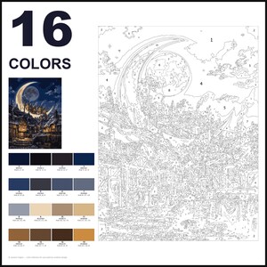 May include: A paint-by-numbers kit featuring a nocturnal village scene under a crescent moon. The layout includes a numbered outline canvas, a small color reference image, and a palette of 16 distinct paint colors labeled 0 through 15.