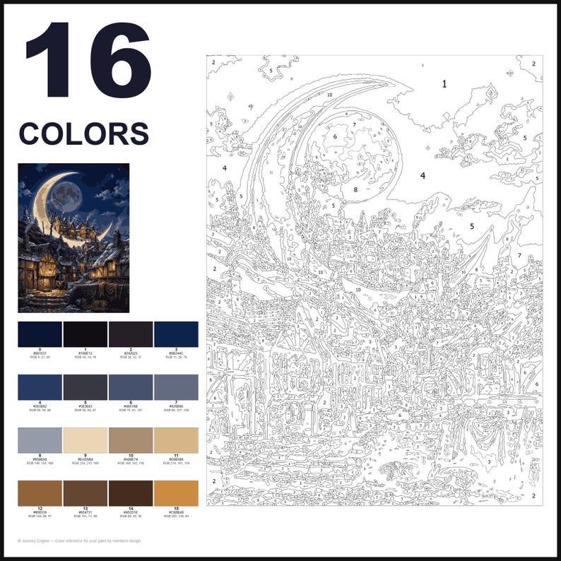 May include: A paint-by-numbers kit featuring a nocturnal village scene under a crescent moon. The layout includes a numbered outline canvas, a small color reference image, and a palette of 16 distinct paint colors labeled 0 through 15.